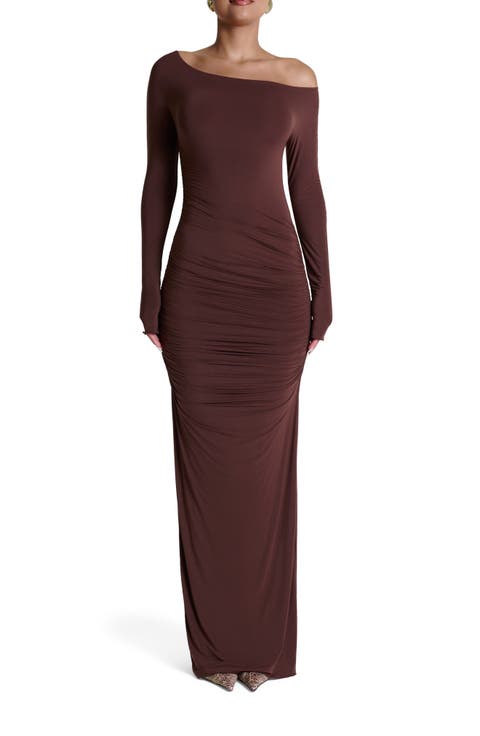 Ruched Off the Shoulder Long Sleeve Maxi Dress