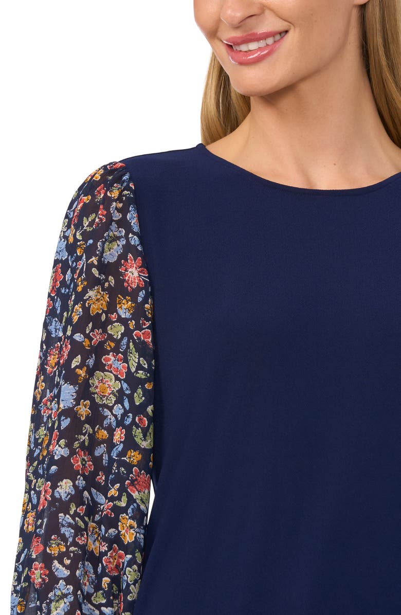 CeCe Floral Sleeve Mixed Media Crepe Top, Alternate, color, 