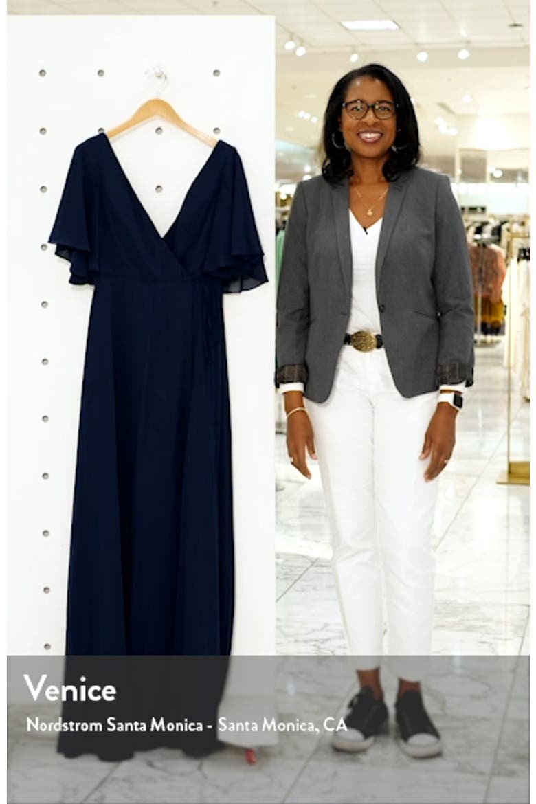 Ari Flutter Sleeve Faux Wrap Evening Gown video