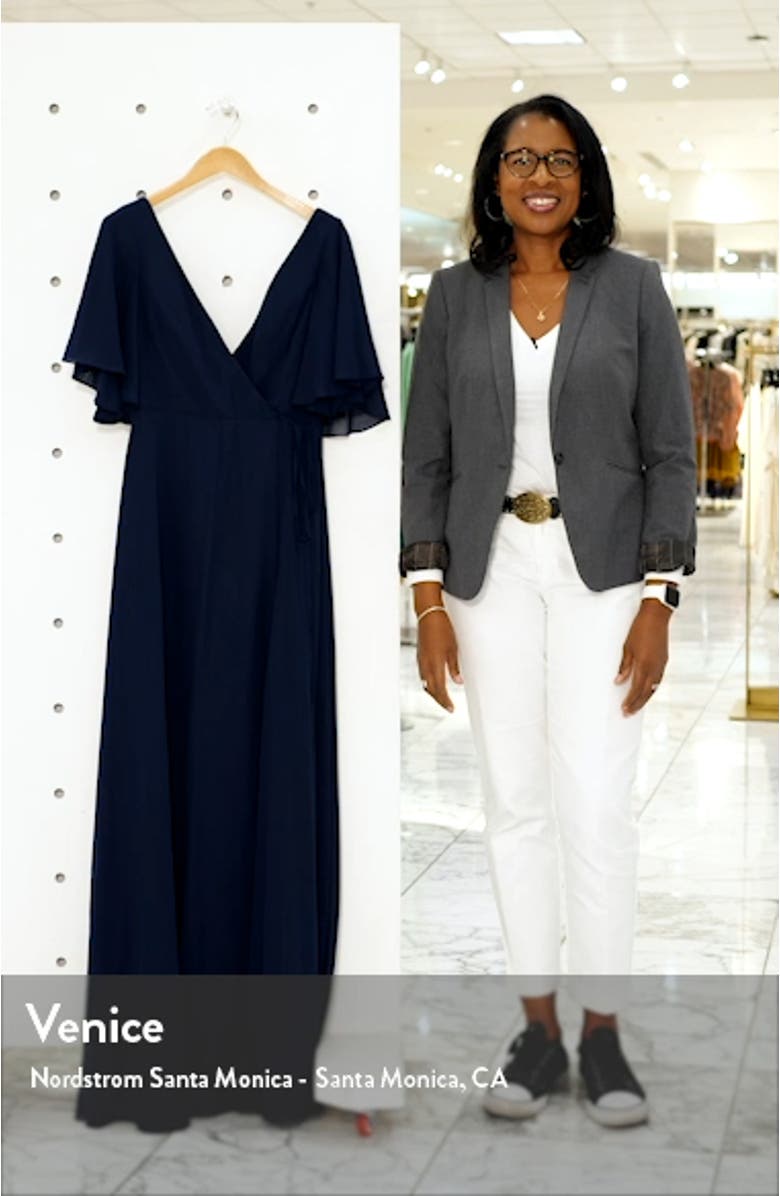 Ari Flutter Sleeve Faux Wrap Evening Gown, sales video thumbnail