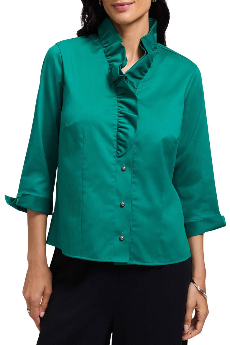 Edith Ruffle Button-Up Shirt, Main, color, EMERALD