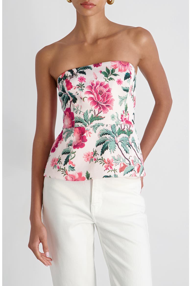 Christa Print Strapless Peplum Satin Top, Main, color, PINK ICING
