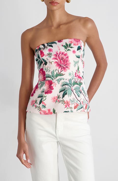 Christa Print Strapless Peplum Satin Top