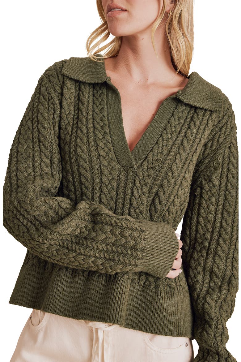 Jenson Johnny Collar Cable Knit Sweater, Alternate, color, PINE GREEN