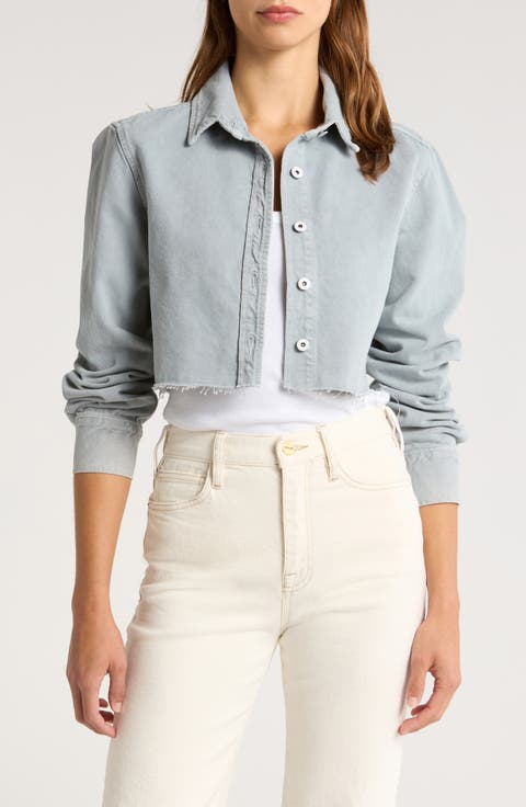 Crop Raw Hem Button-Up Denim Shirt