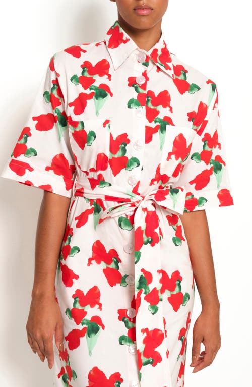 The Lulo Project Marina Floral Stretch Cotton Midi Shirtdress In Orange Bloom Beige