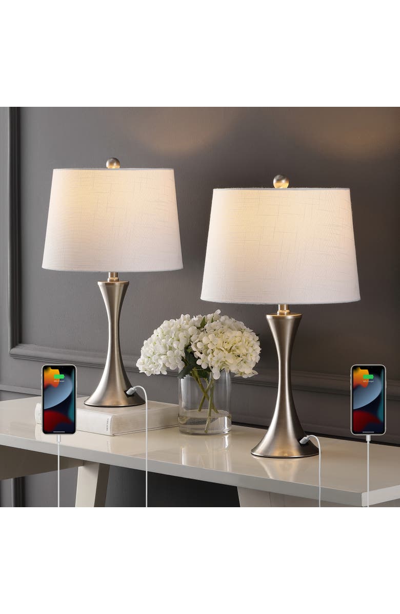 JONATHAN Y Bennett Modern Glam Iron Hourglass LED Table Lamp with USB Charging Port, Main, color, Nickel