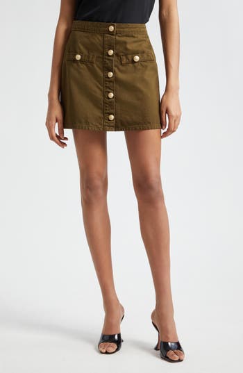 Shop L Agence L'agence Kris Button Front Cotton A-line Miniskirt In Olive Grove