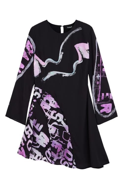 Desigual Dangerbla Abstract Print Long Sleeve Asymmetric Hem Dress In Black