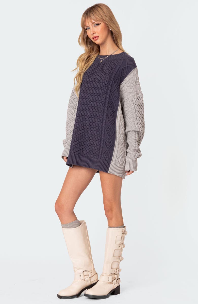 EDIKTED Two-Tone Cable Stitch Long Sleeve Mini Sweater Dress, Alternate, color, Navy-And-Gray