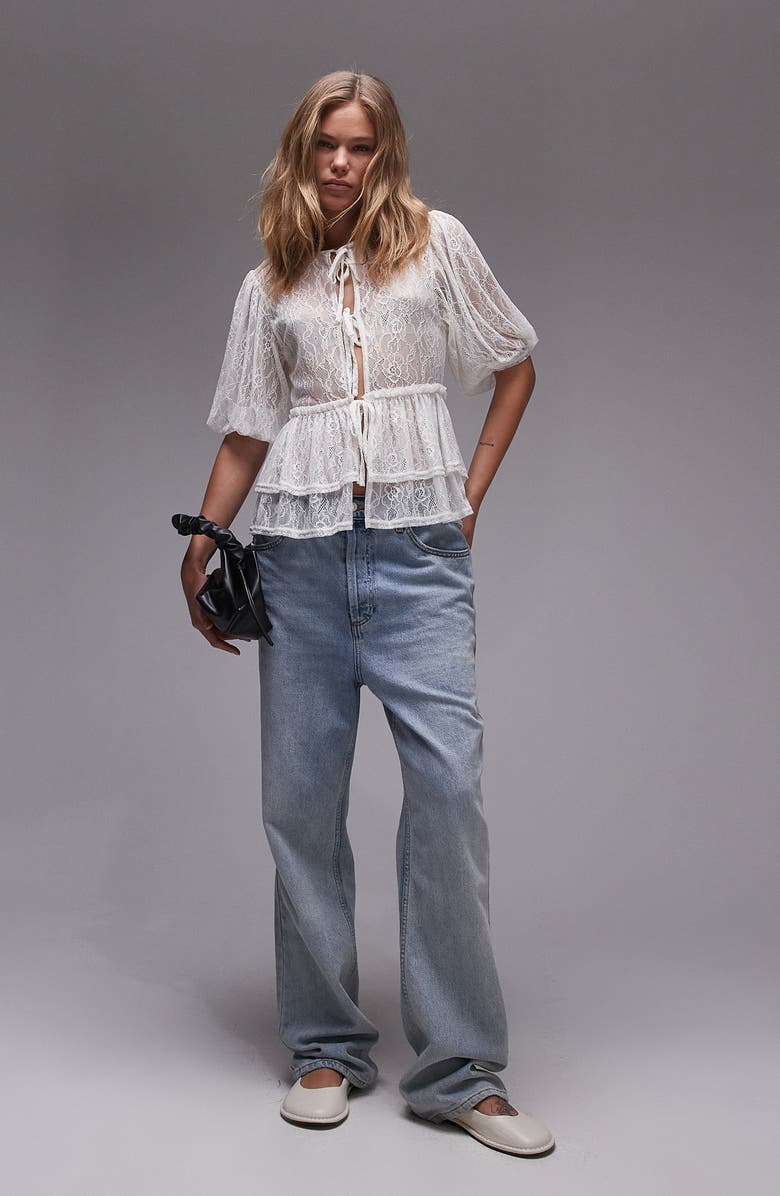 Topshop Lace Tie Front Top, Alternate, color, 