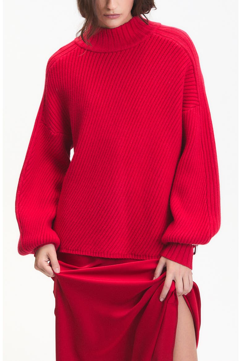 Nelson Balloon Sleeve Rib Mock Neck Sweater, Main, color, RED