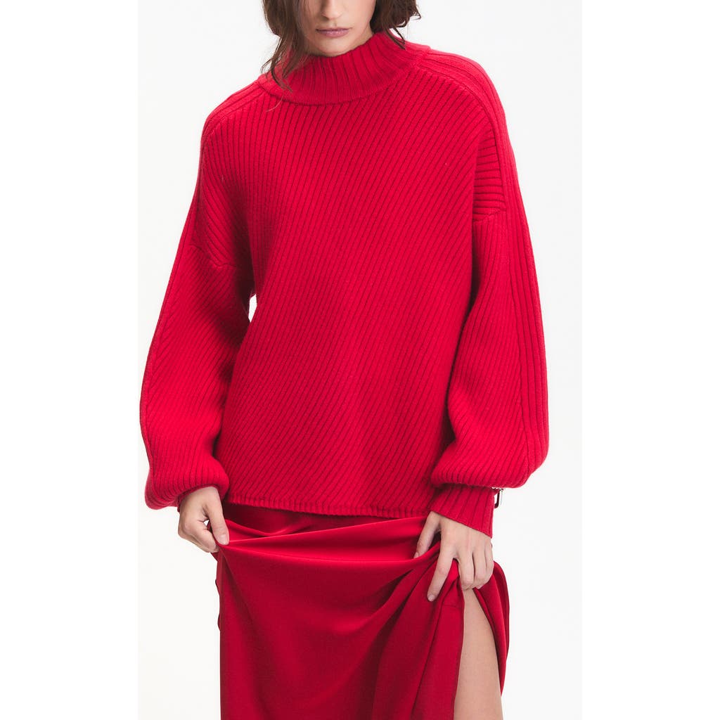 Deluc Nelson Balloon Sleeve Rib Mock Neck Sweater In Red