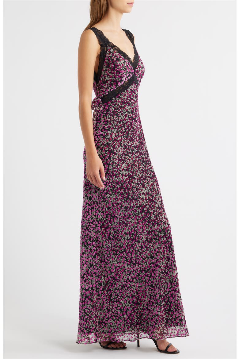 Lily Lace Trim Sleeveless Velvet Gown, Alternate, color, PURPLE FLORAL