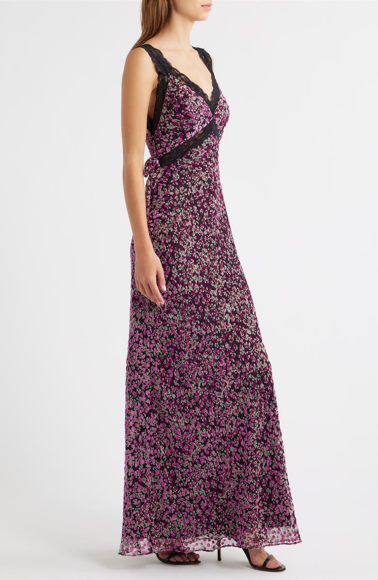 Lulus Lily Lace Trim Sleeveless Velvet Gown, Alternate, color, Purple Floral