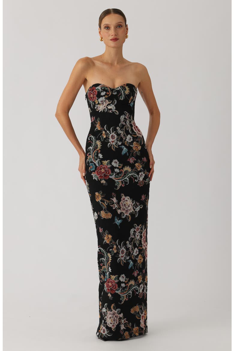 Maren Strapless Floral Jacquard Cotton Blend Column Gown, Alternate, color, BLACK MULTI
