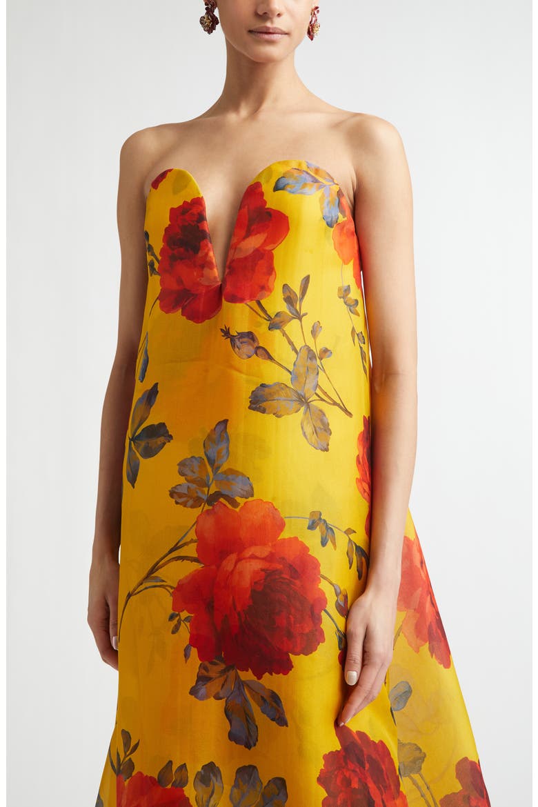Rose Print Strapless Silk Organza Gown, Alternate, color, SAFFRON MULTI