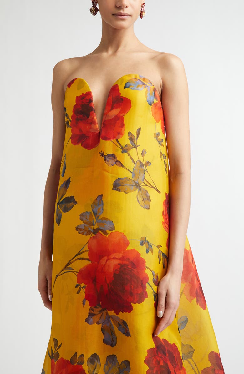 Carolina Herrera Rose Print Strapless Silk Organza Gown, Alternate, color, Saffron Multi