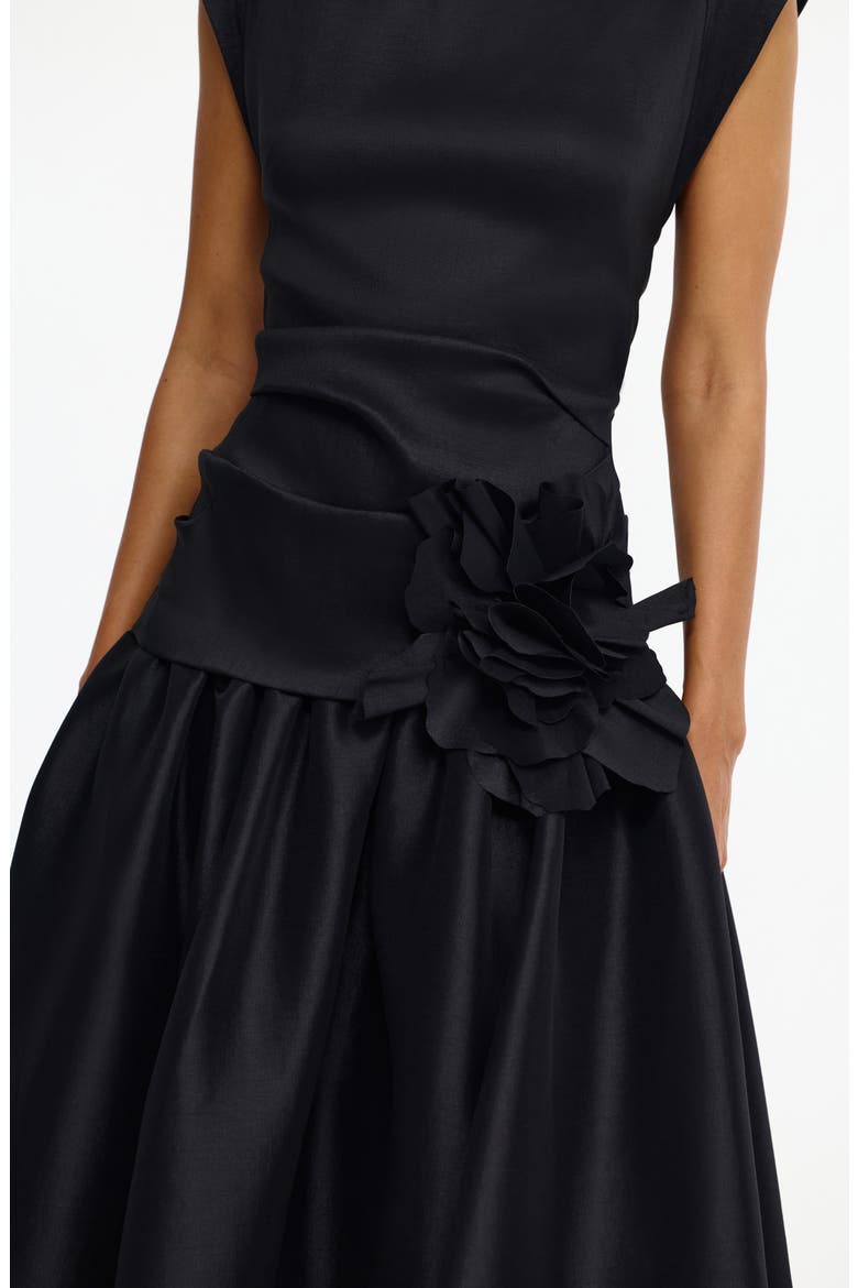 Delph Ruched Floral Appliqué Satin Drop Waist Gown, Alternate, color, BLACK