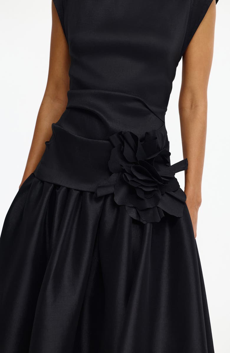 Acler Delph Ruched Floral Appliqué Satin Drop Waist Gown, Alternate, color, Black