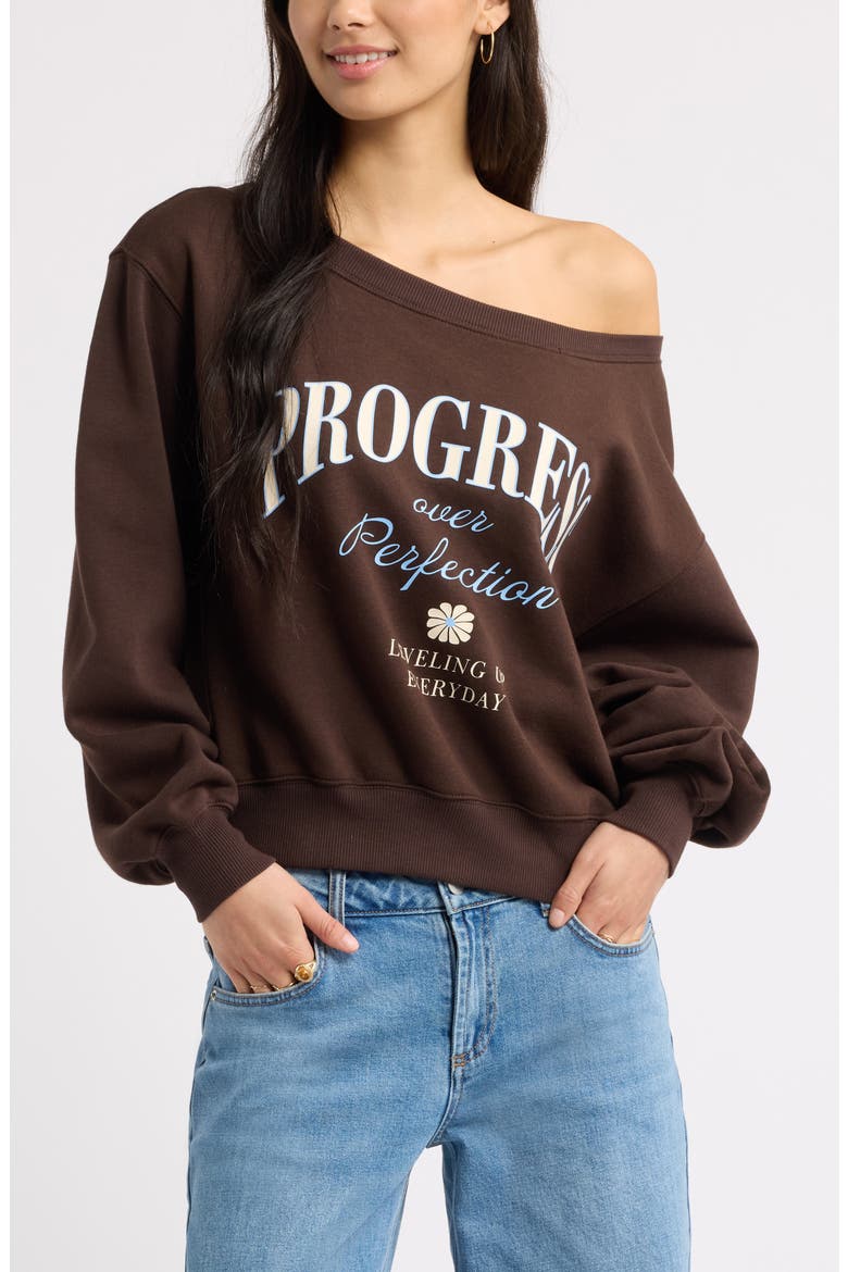 Off the Shoulder Fleece Graphic Sweatshirt, Main, color, BROWN PROGRESS OVER PERFECT