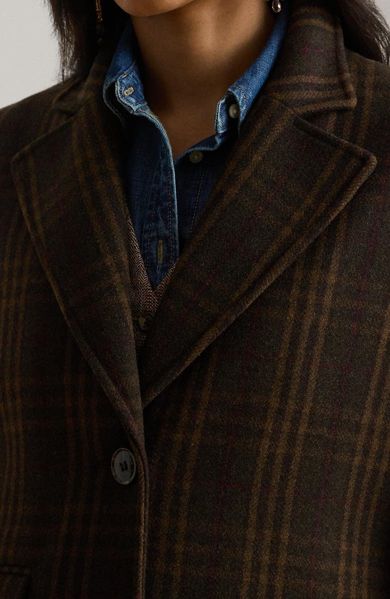 Lauren Ralph Lauren Longline Plaid Wool Blend Reefer Coat, Alternate, color, Brown Plaid