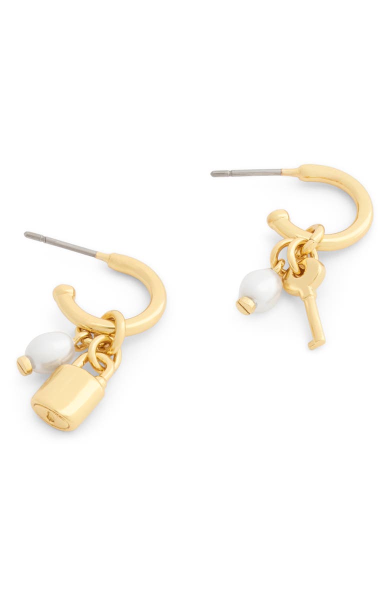 COACH Lock & Key Faux Pearl Huggie Hoop Drop Earrings, Alternate, color, Pearl/ Gold