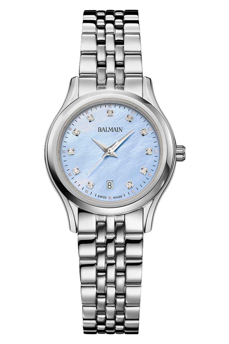 Beleganza Diamond & Mother-of-Pearl Bracelet Watch, 27.5mm, Main, color, BLUE/ STAINLESS STEEL
