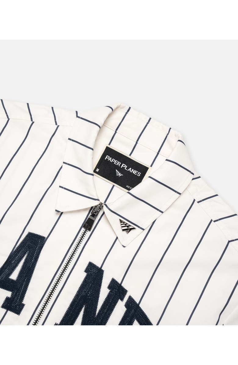 PAPER PLANES Logo Appliqué Pinstripe Work Shirt, Alternate, color, Cream/ Navy