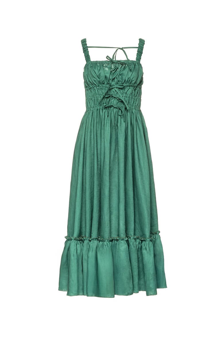 Amara Ruched Midi Linen Dress, Main, color, Emerald