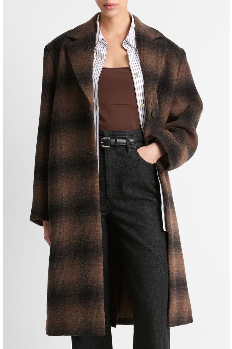 Shadow Plaid Wool Blend Coat, Main, color, DEEP WALNUT