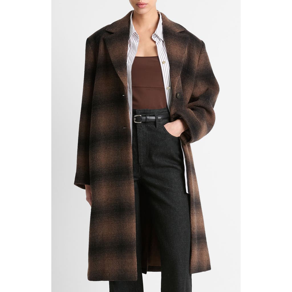 Vince Shadow Plaid Wool-blend Car Coat In Deep Walnut