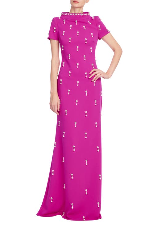 Embellished Mock Neck Stretch Crepe Gown