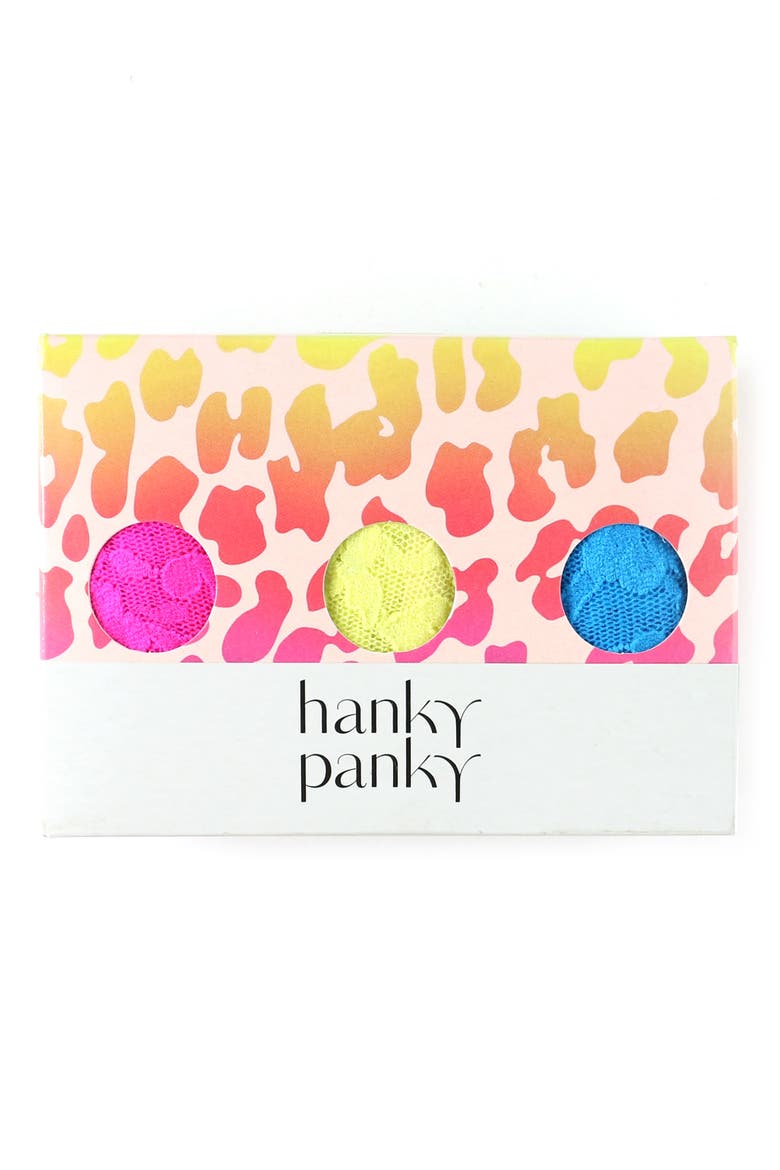 Assorted 3-Pack Lace Original Rise Thongs, Alternate, color, PINK/ YELLOW/ BLUE