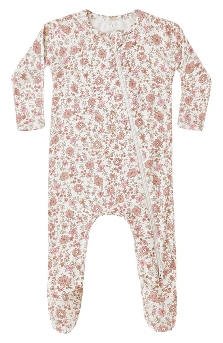 QUINCY MAE Floral Zip Footie, Main, color, Ivory