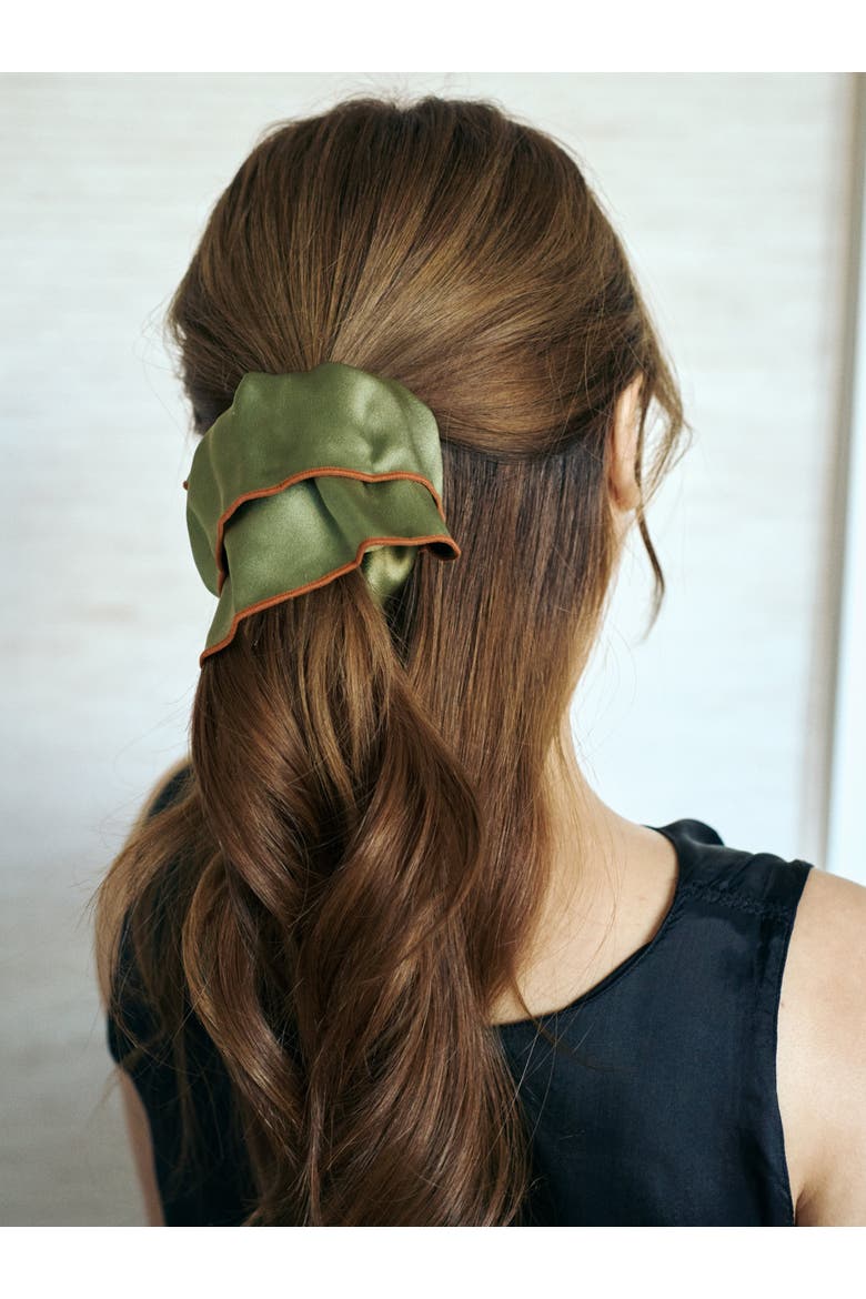 "Maxi Flower" Double-Layer Oversized Silk Scrunchie, Alternate, color, Martini Olive