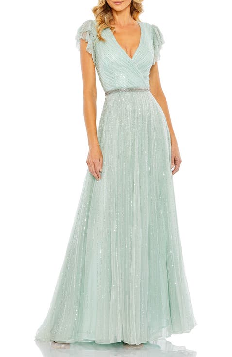 Women's Sequined Wrap Over Ruffled Cap Sleeve Gown