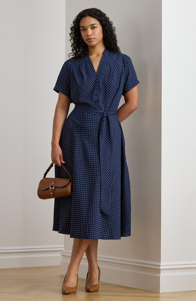 Lauren Ralph Lauren Micro Dot Crêpe de Chine Midi Shirtdress, Alternate, color, Navy Blue/ White