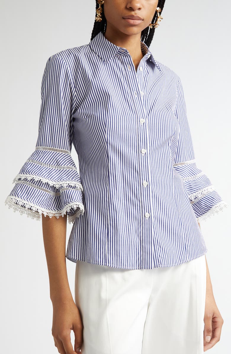 Carolina Herrera Stripe Tiered Ruffle Sleeve Belted Poplin Shirtdress, Alternate, color, White/ Blue