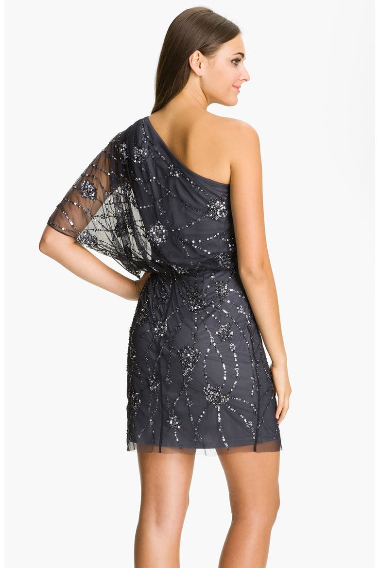 Embellished One Shoulder Mesh Dress, Alternate, color, CHARCOAL