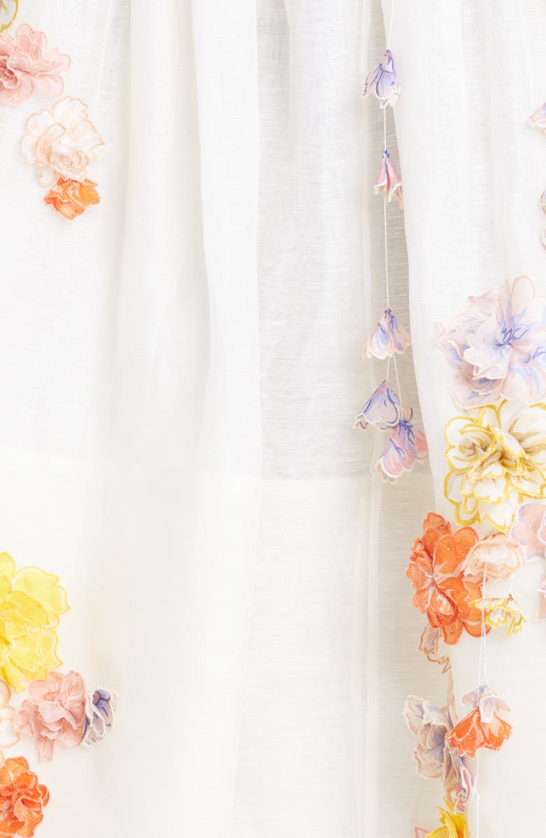 Zimmermann Postcard Floral Appliqué Linen & Silk Midi Dress, Alternate, color,