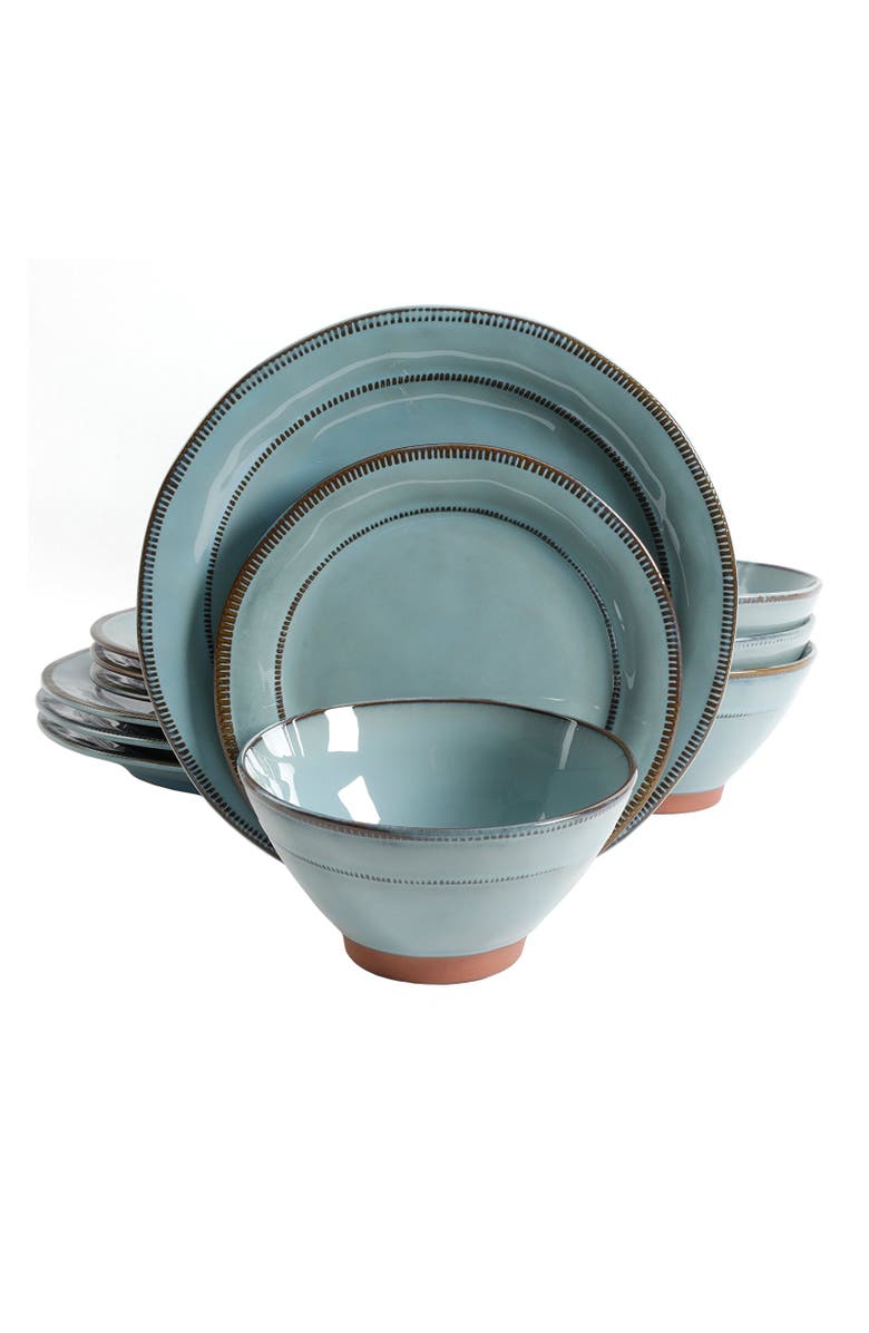 Gibson Elite Terranea 12 Piece Round Terracotta Dinnerware Set, Alternate, color, Blue