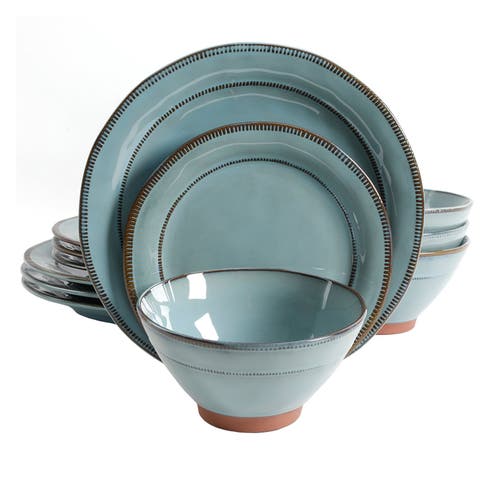 Gibson Elite Terranea 12 Piece Round Terracotta Dinnerware Set In Blue
