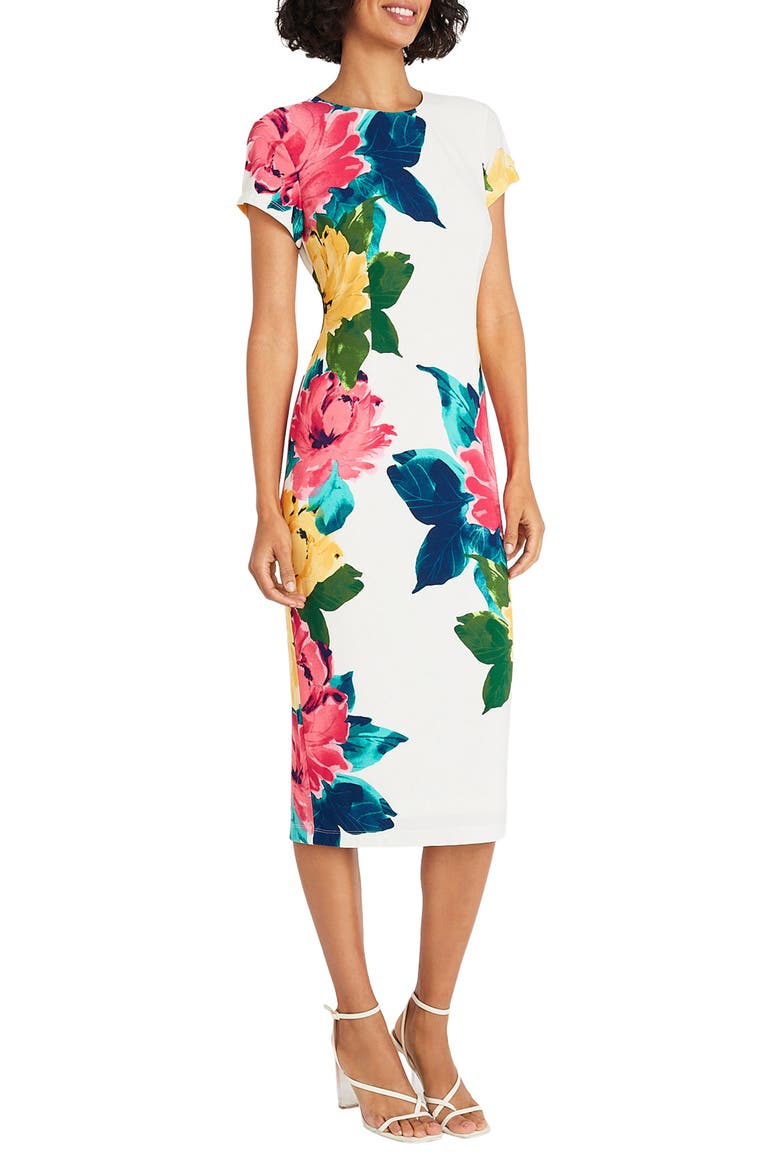 Floral Short Sleeve Jersey Midi Dress, Alternate, color, SOFT WHITE/ CORAL PINK