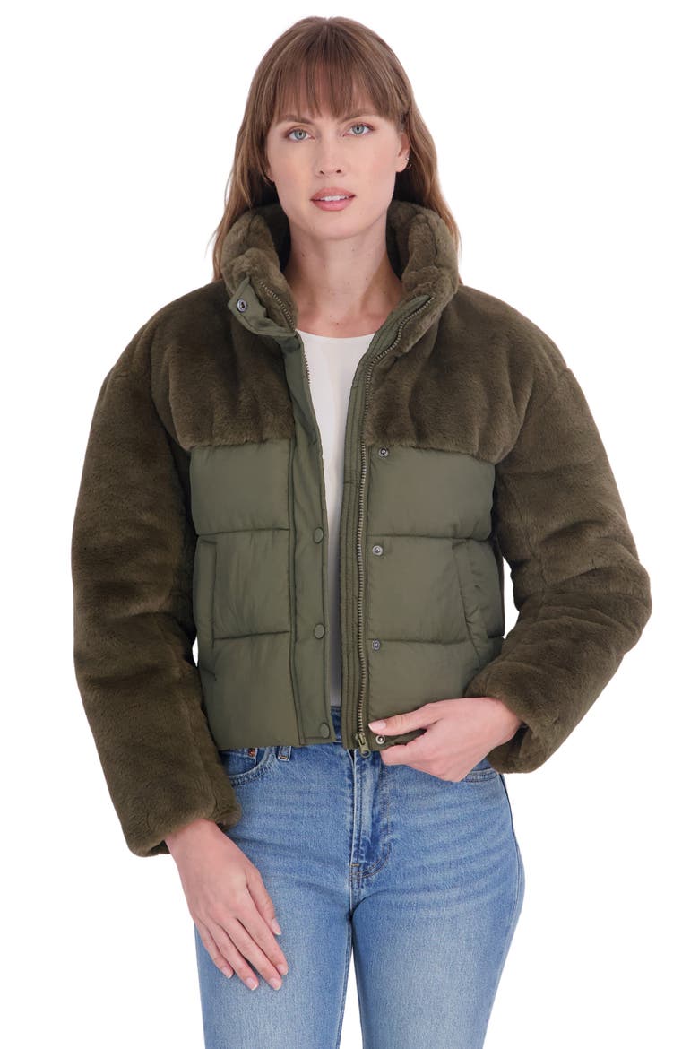 Faux Fur Mixed Media Puffer Jacket, Alternate, color, OLIVE