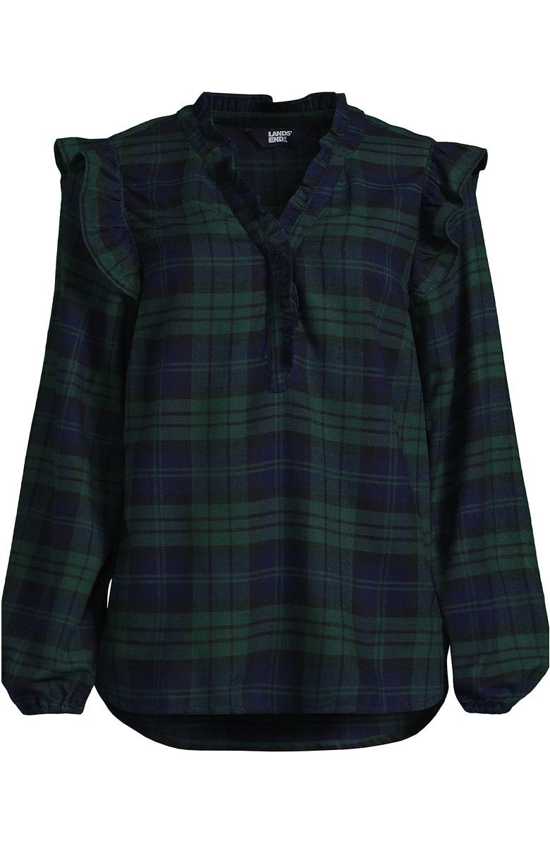 Lands' End Ruffle Front Flannel Popover Blouse, Alternate, color, Deep Forest Blackwatch Plaid