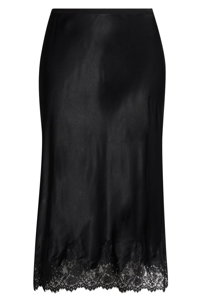 Lace Trim Satin Midi Skirt, Alternate, color, BLACK