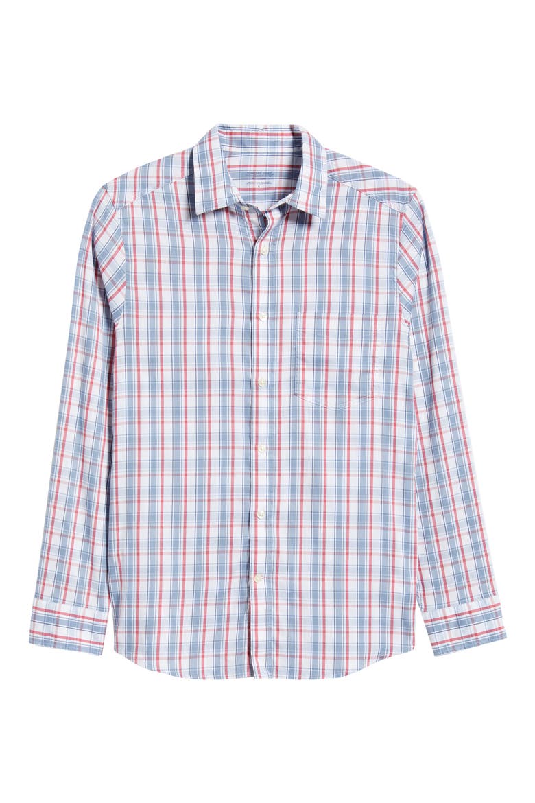 Higgs Beach Plaid Performance Button-Up Shirt, Main, color, MARINER