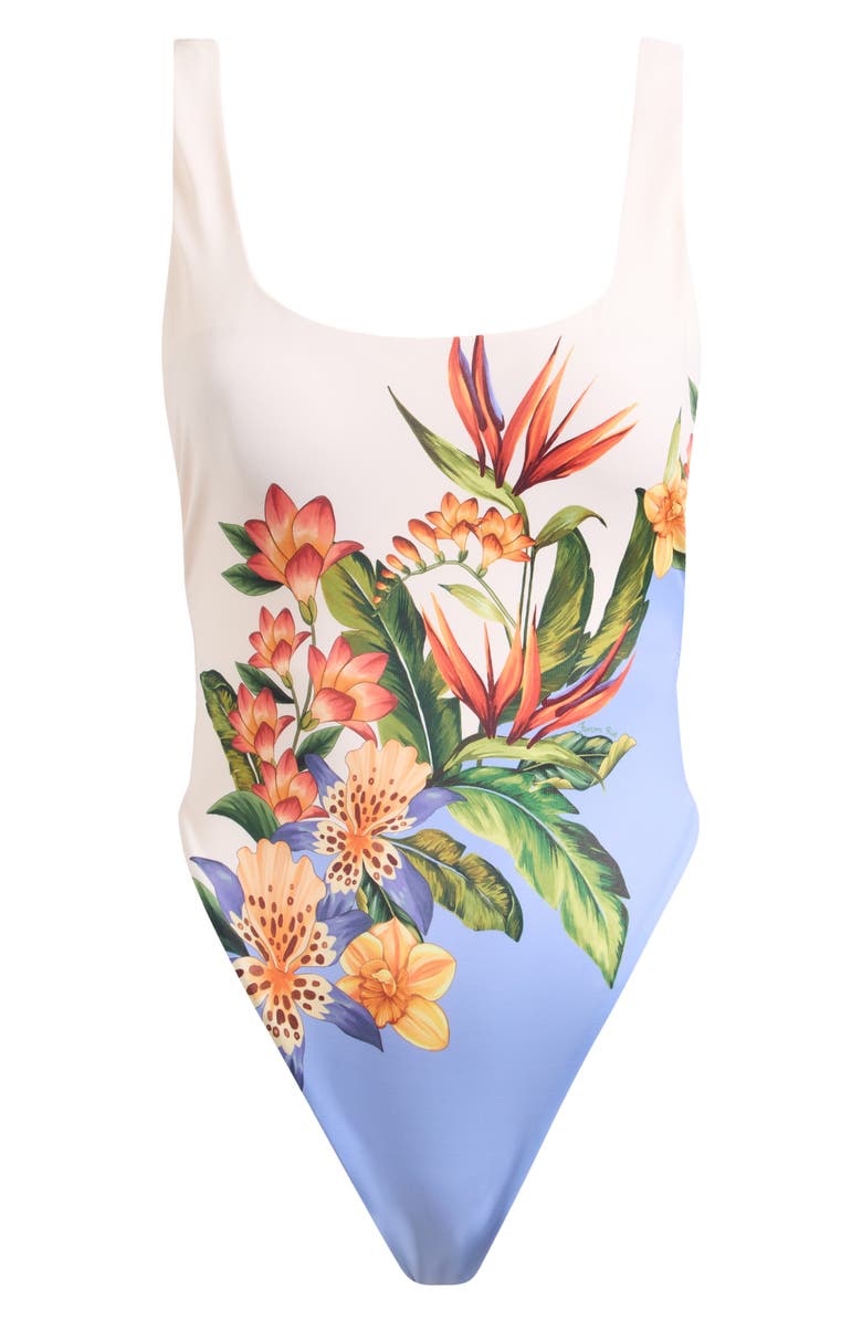 FARM Rio Hilo Floral One-Piece Swimsuit, Main, color, Hilo Stripes Light Blue