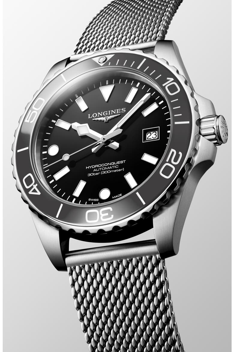 HydroConquest Automatic Mesh Strap Watch, 42mm, Alternate, color, GREY